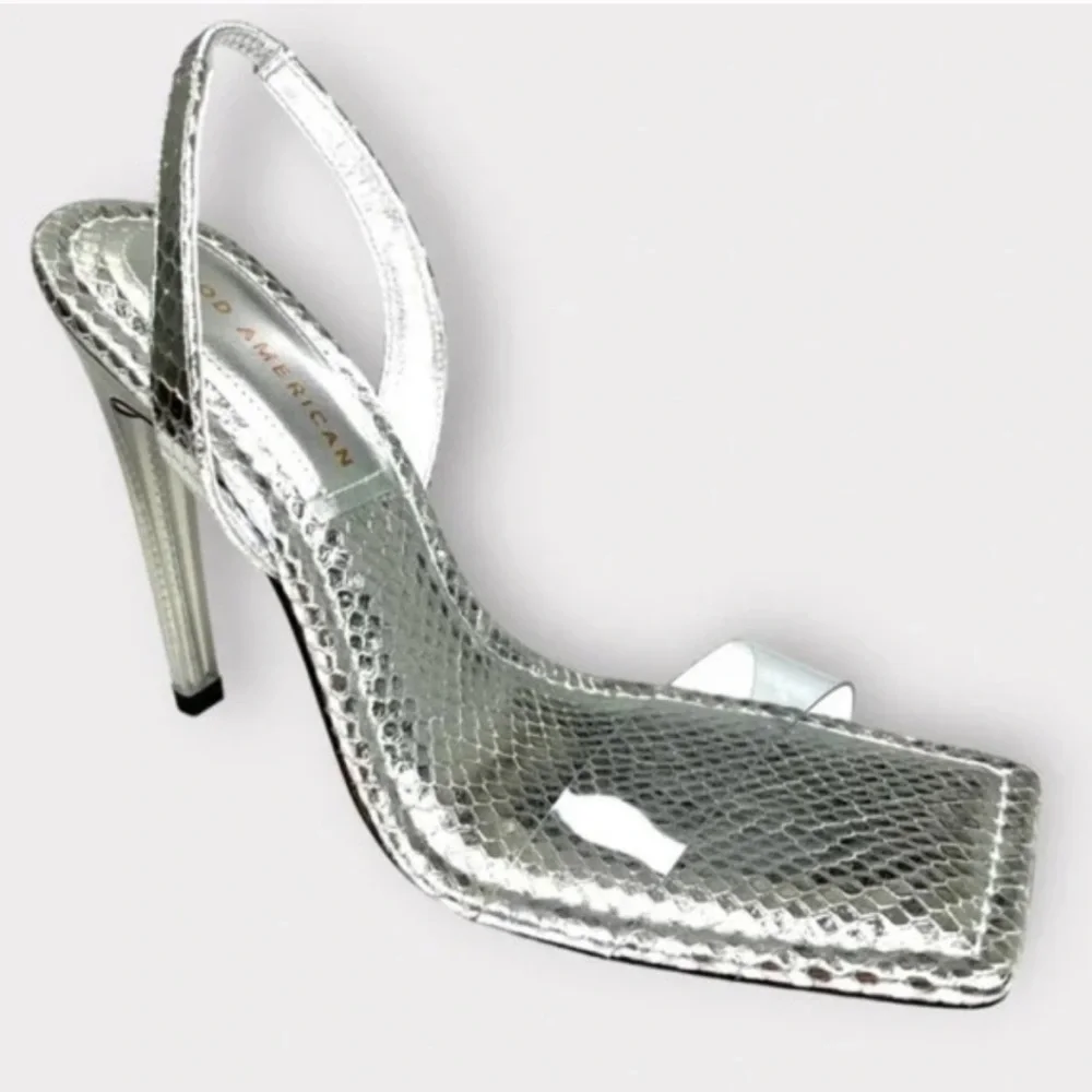 NEW Good American Open Square Toe Heels Silver Snake size 9.5